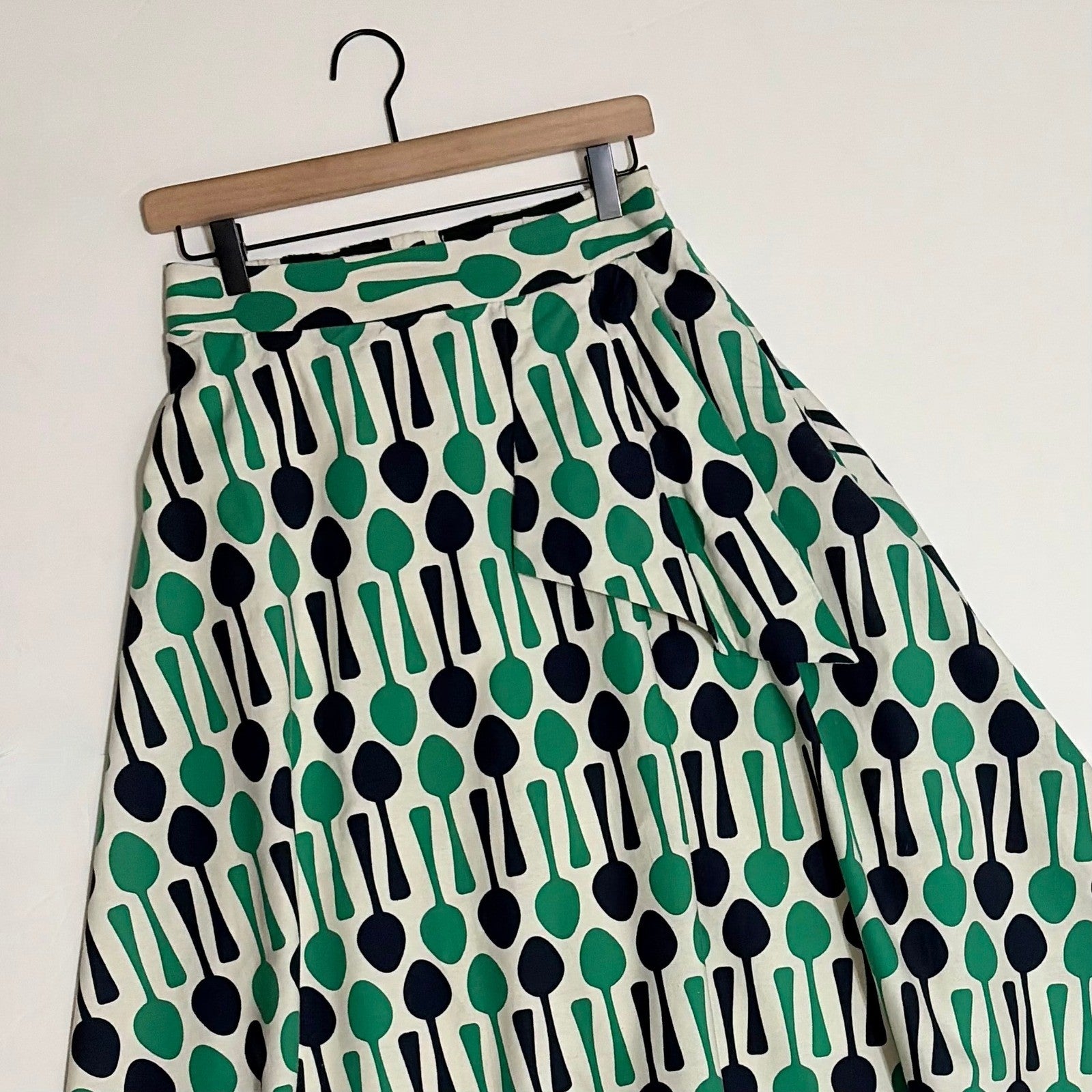 Anthropologie EVA FRANCO Spoons Print Midi Skirt Navy Blue Kelly Green Spoon 8