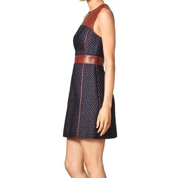 THEORY Calvino Mixed Media Tweed Lamb Leather Dress Brown Blue Fit and Flare 6