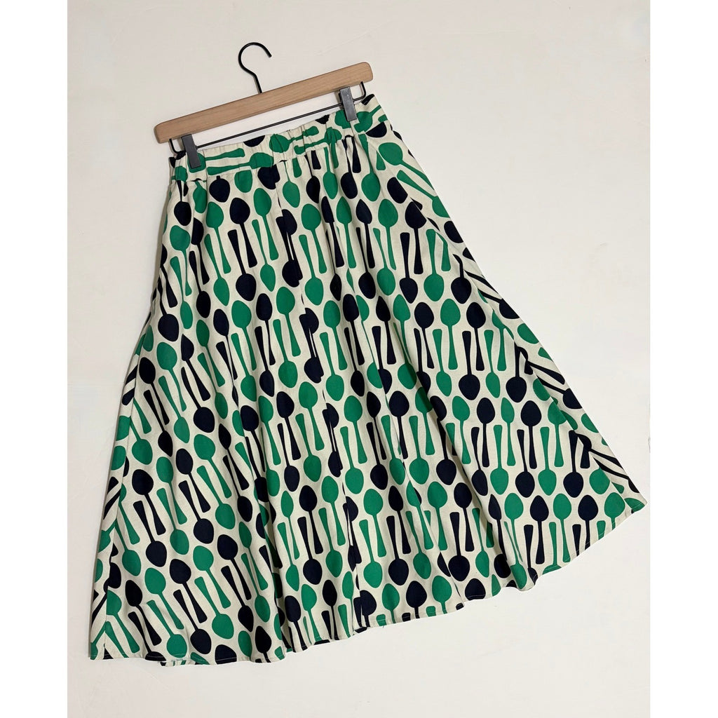 Anthropologie EVA FRANCO Spoons Print Midi Skirt Navy Blue Kelly Green Spoon 8