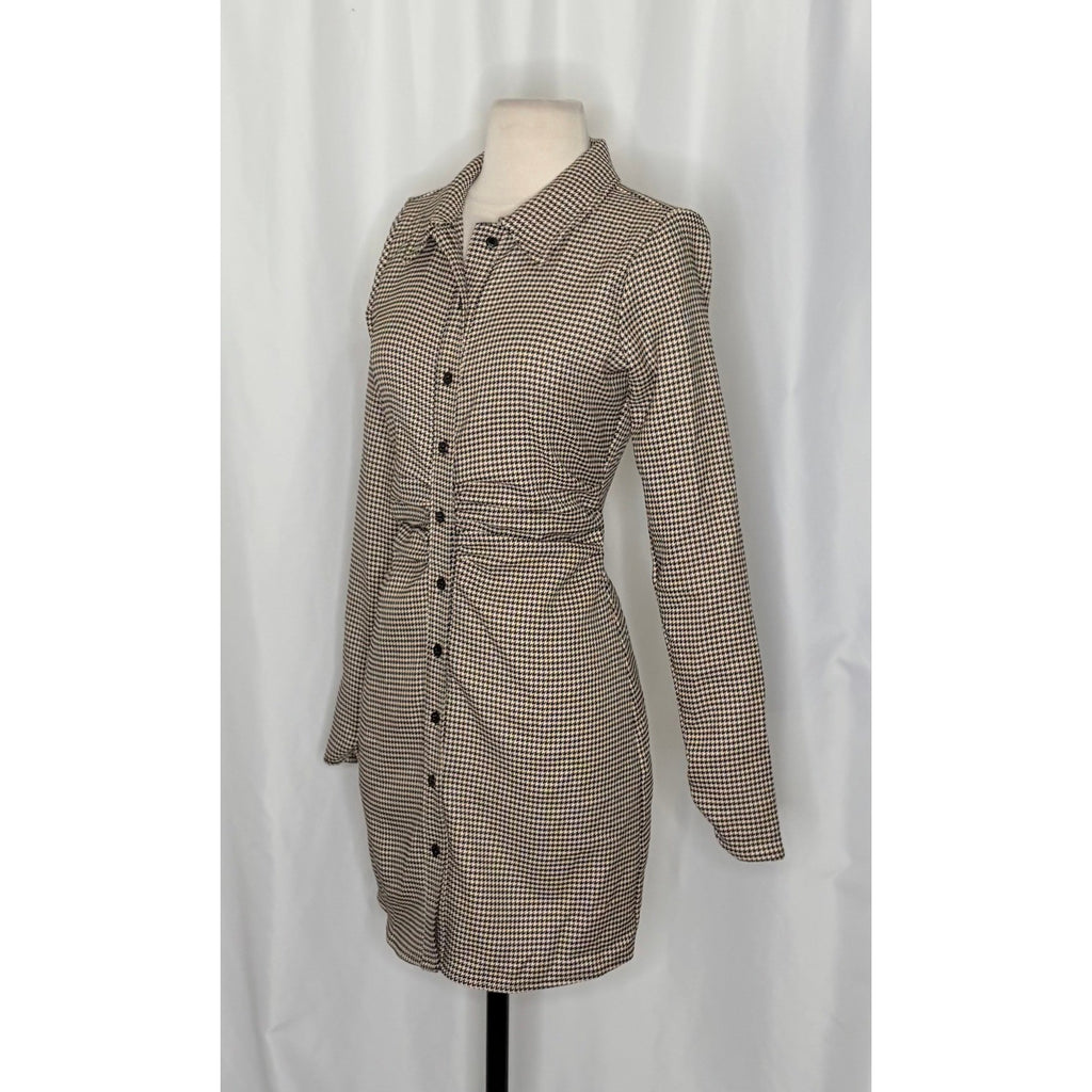 ZARA Houndstooth Black Tan Shirtdress Ruched Preppy Plaid Shirt Dress Medium