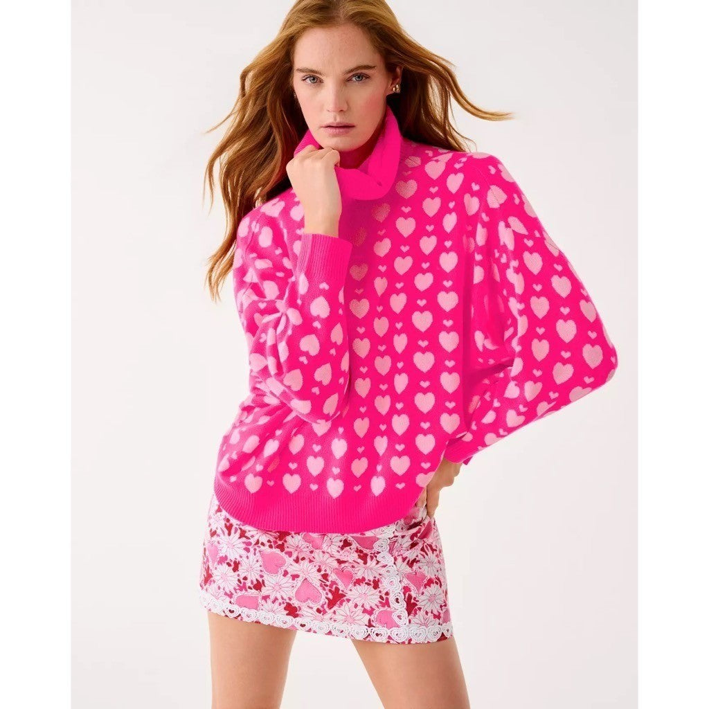 LILLY PULITZER Liggy Sweater Passion Fruit Pink Valentine Heart Jacquard Small