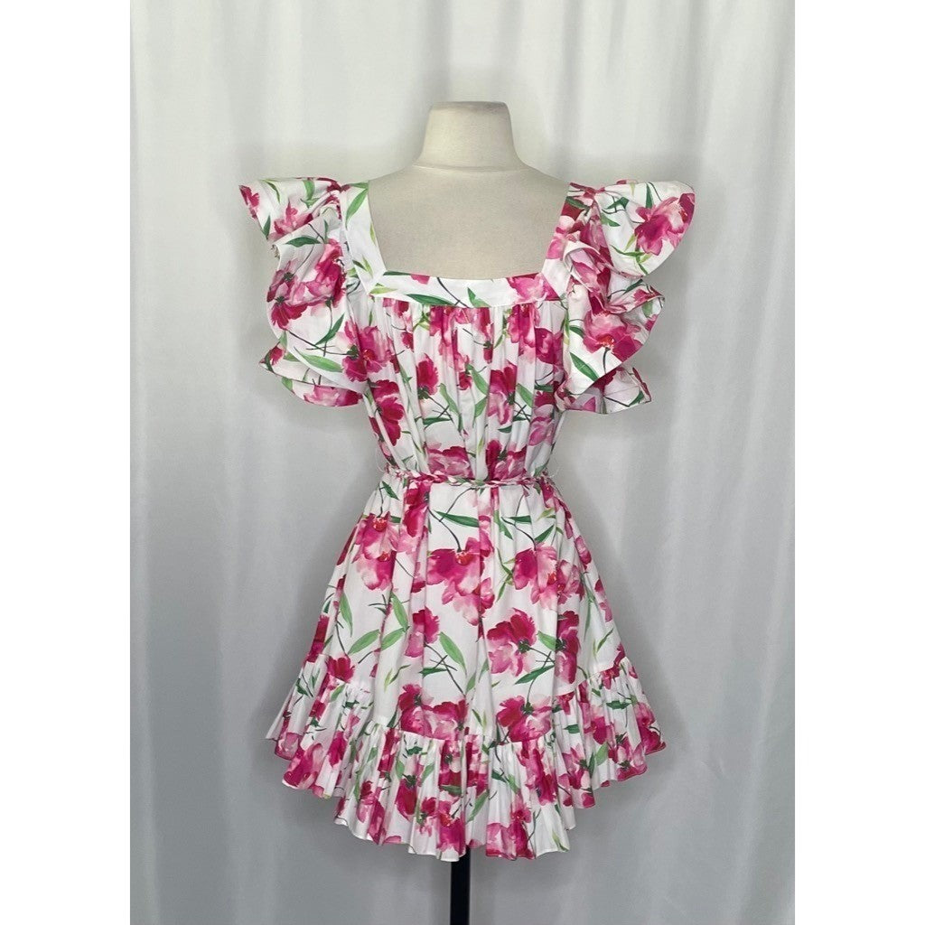 MISA Los Angeles Selma Floral Dress Ruffled A-Line Mini White Pink X-Small