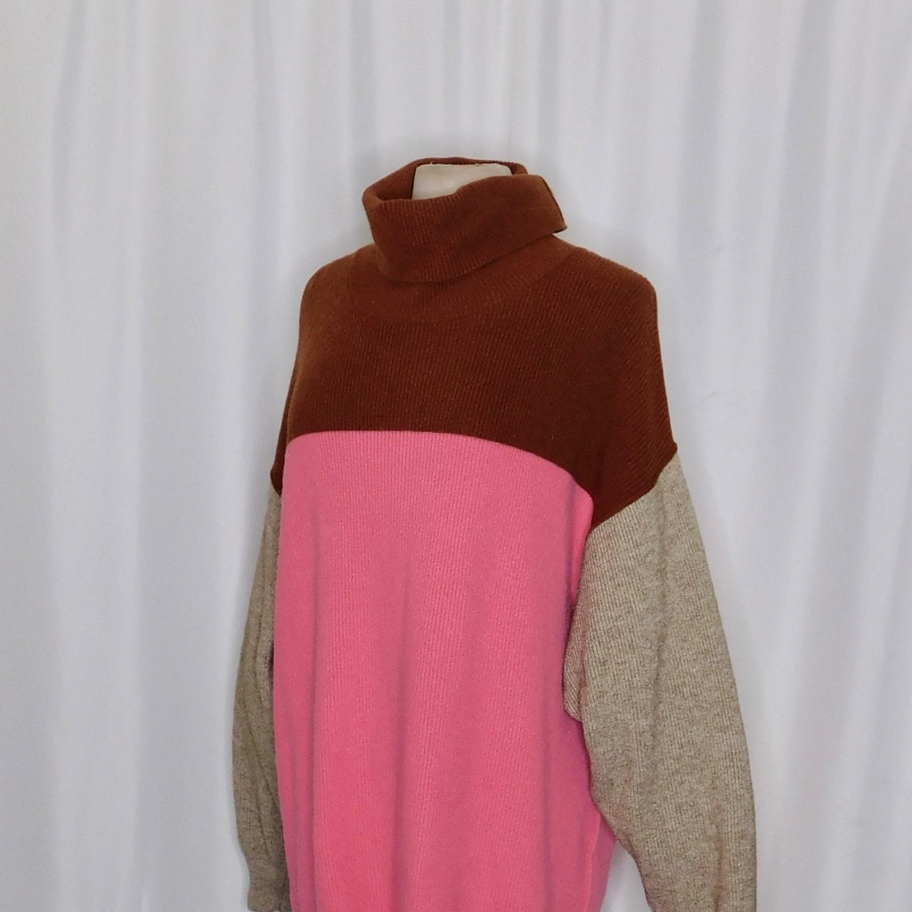 FREE PEOPLE Softly Structured Colorblock Sweater Turtleneck Candy Pop Medium