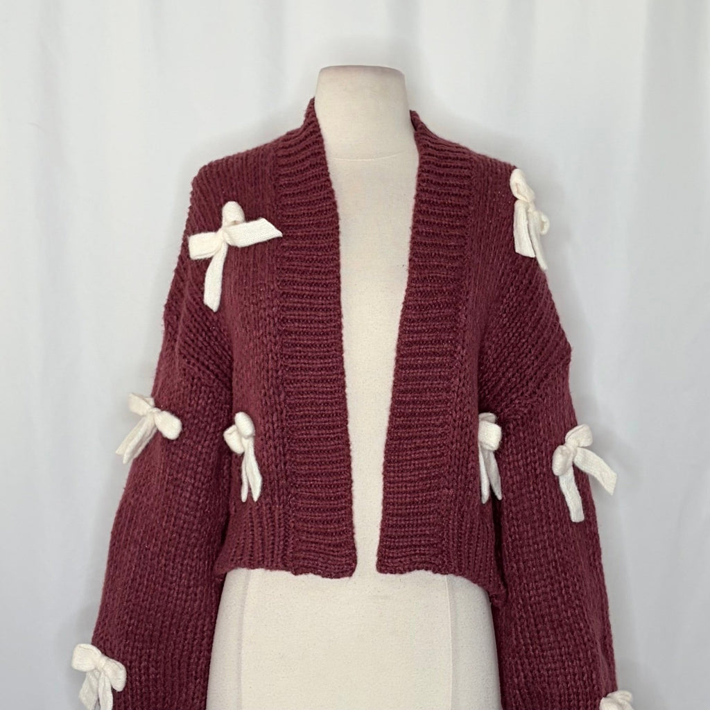 NWT!! Anthropologie MAEVE The Alicia 3D Bow Cropped Cardigan Dark Wine One Size