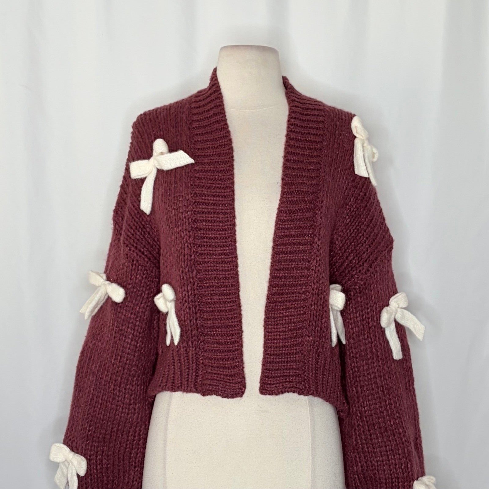 NWT!! Anthropologie MAEVE The Alicia 3D Bow Cropped Cardigan Dark Wine One Size