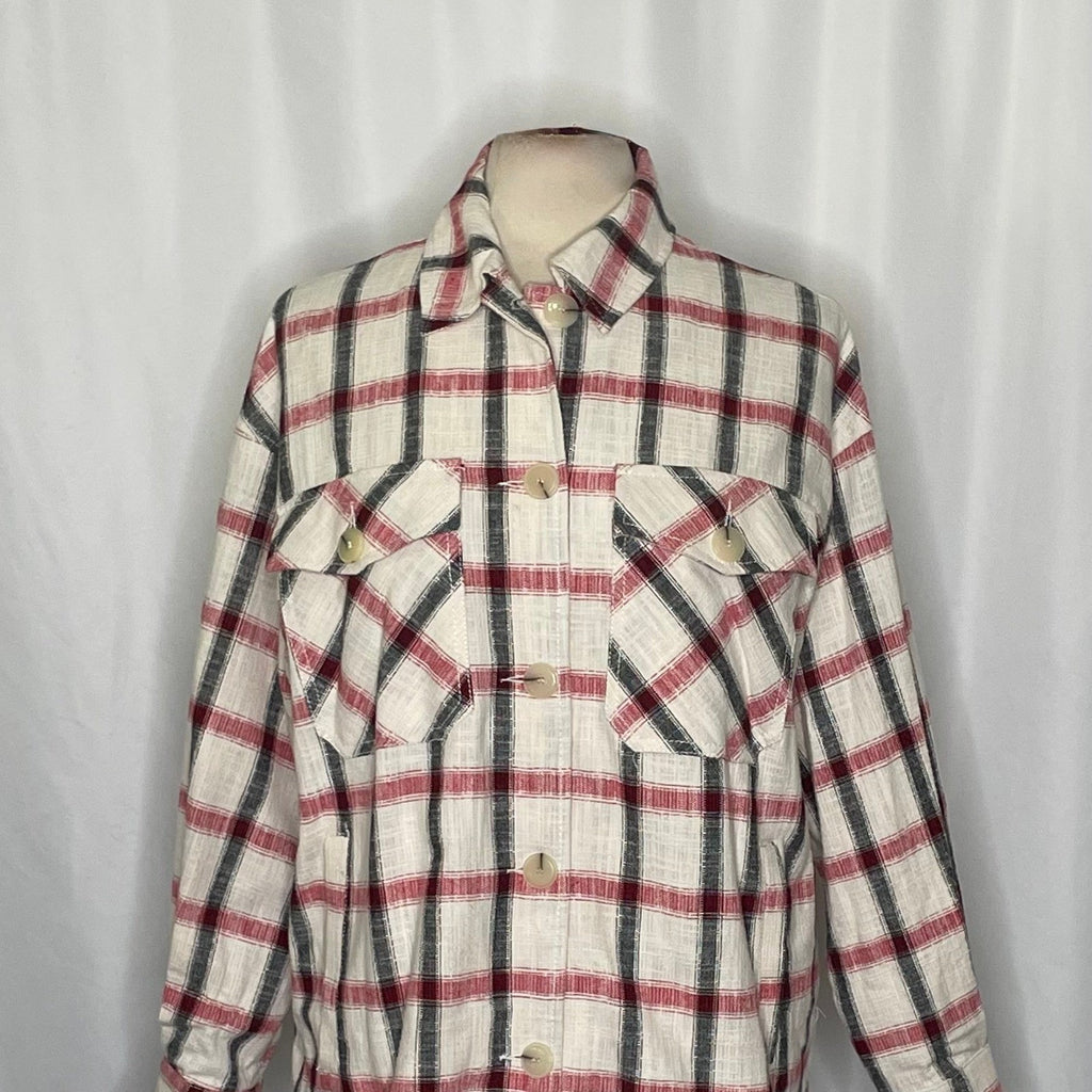 NWT!! ZARA Plaid Oversized Buttondown Shirt Red White Black Pockets Retro Small