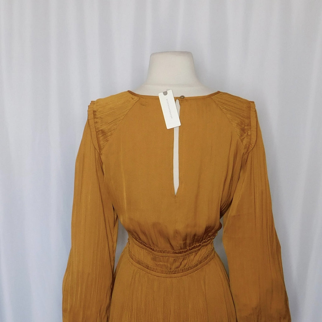 NWT!! Anthropologie MAEVE Saniya Mini Dress Solid Gold Pleated Flirty Small