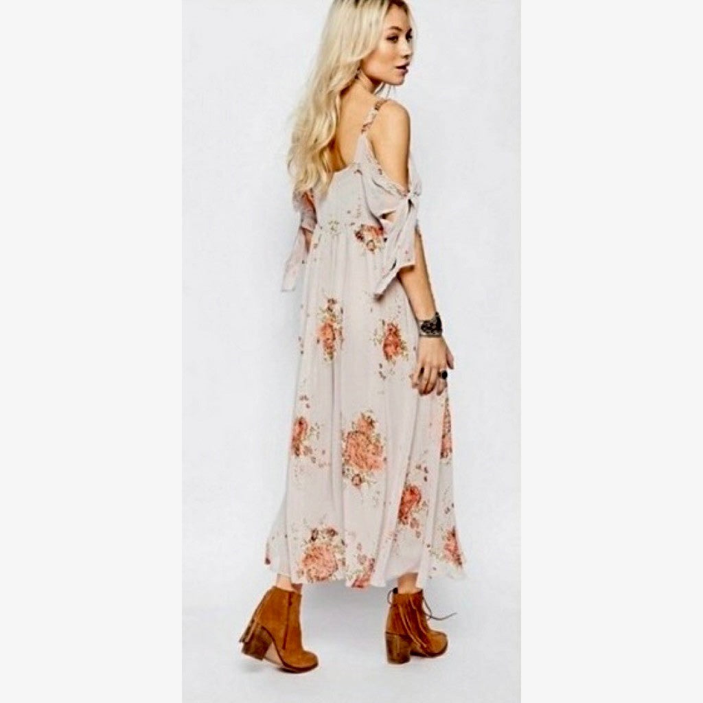 FREE PEOPLE Tied To You Floral Midi Dress Sand Combo Chiffon Bohemian Small