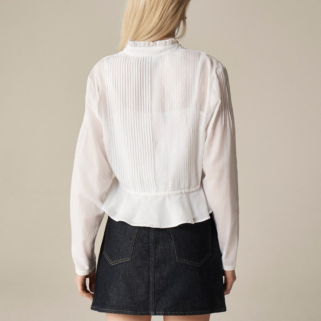 NWT!! J. CREW Lace Trim Cinched-Waist Cotton Voile White Top Blouse X-Small