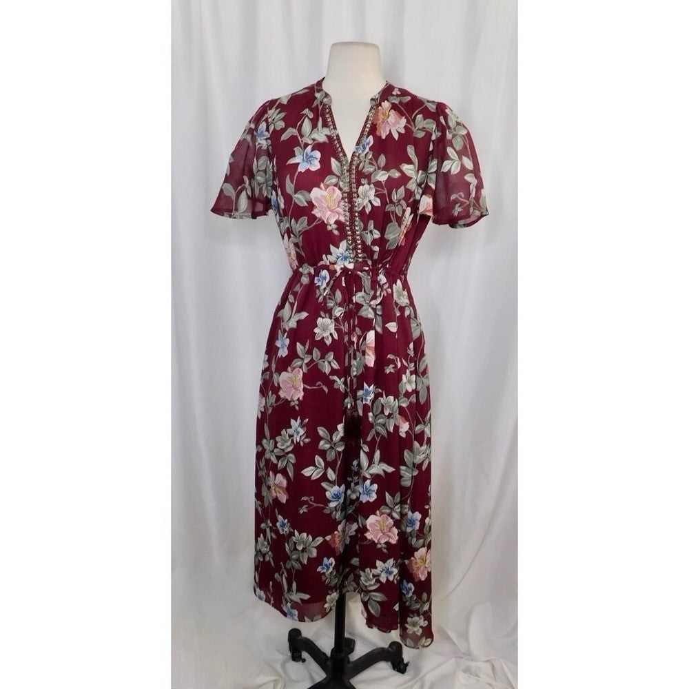 TOMMY BAHAMA Painted Petal Midi Floral Dress Metallic Embellished Beads X-Small