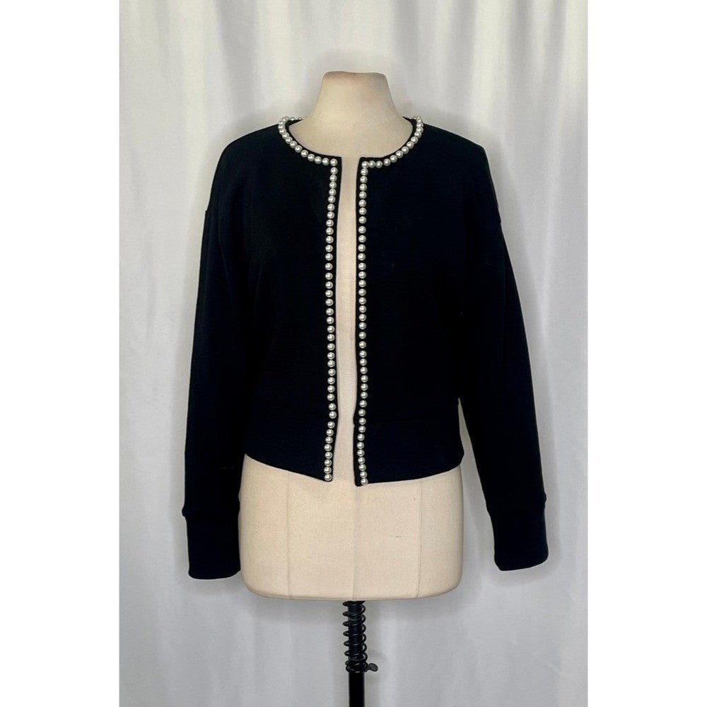 CARBON38 Pearl Cardigan Sweater Black Embellished Preppy Knitwear Sporty Medium