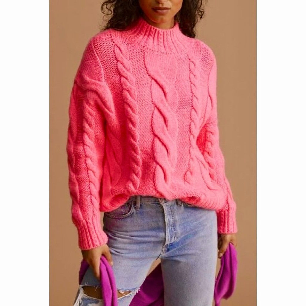 By ANTHROPOLOGIE Pink Cableknit Sweater Wool Pullover Knitwear Small