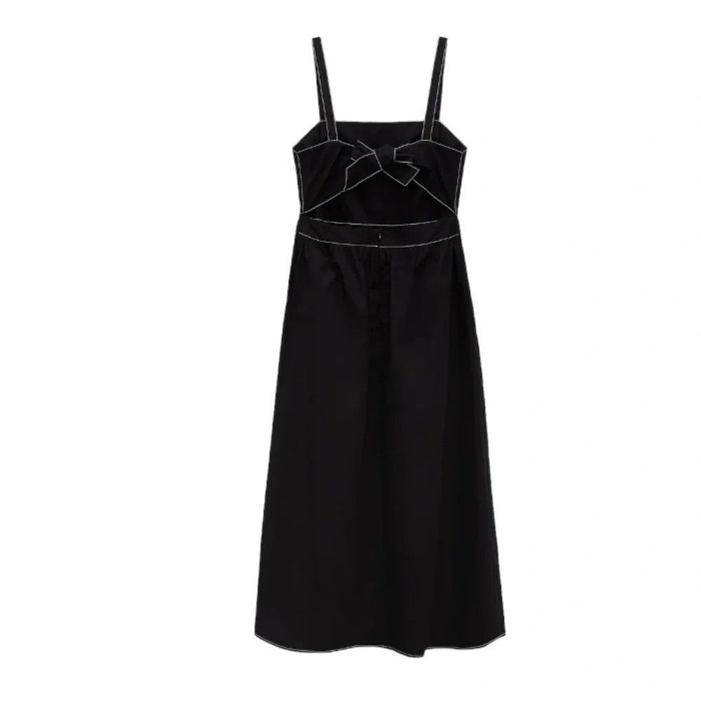 ZARA Luiza Black Midi Dress Tie Back Contrast Stitching Pockets Poplin X-Large
