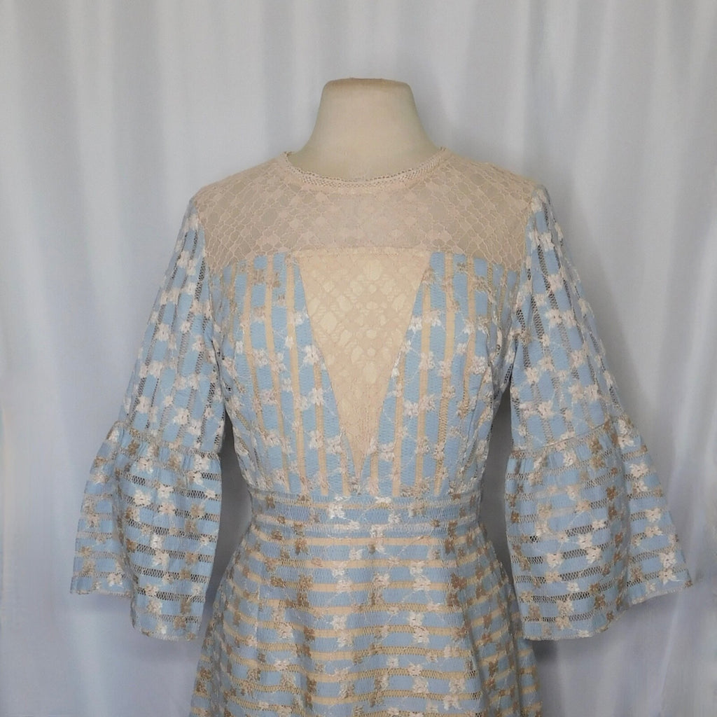 FOXIEDOX Cordelia Bell Sleeve Lace Dress Blue Floral Lace Coquette X-Large