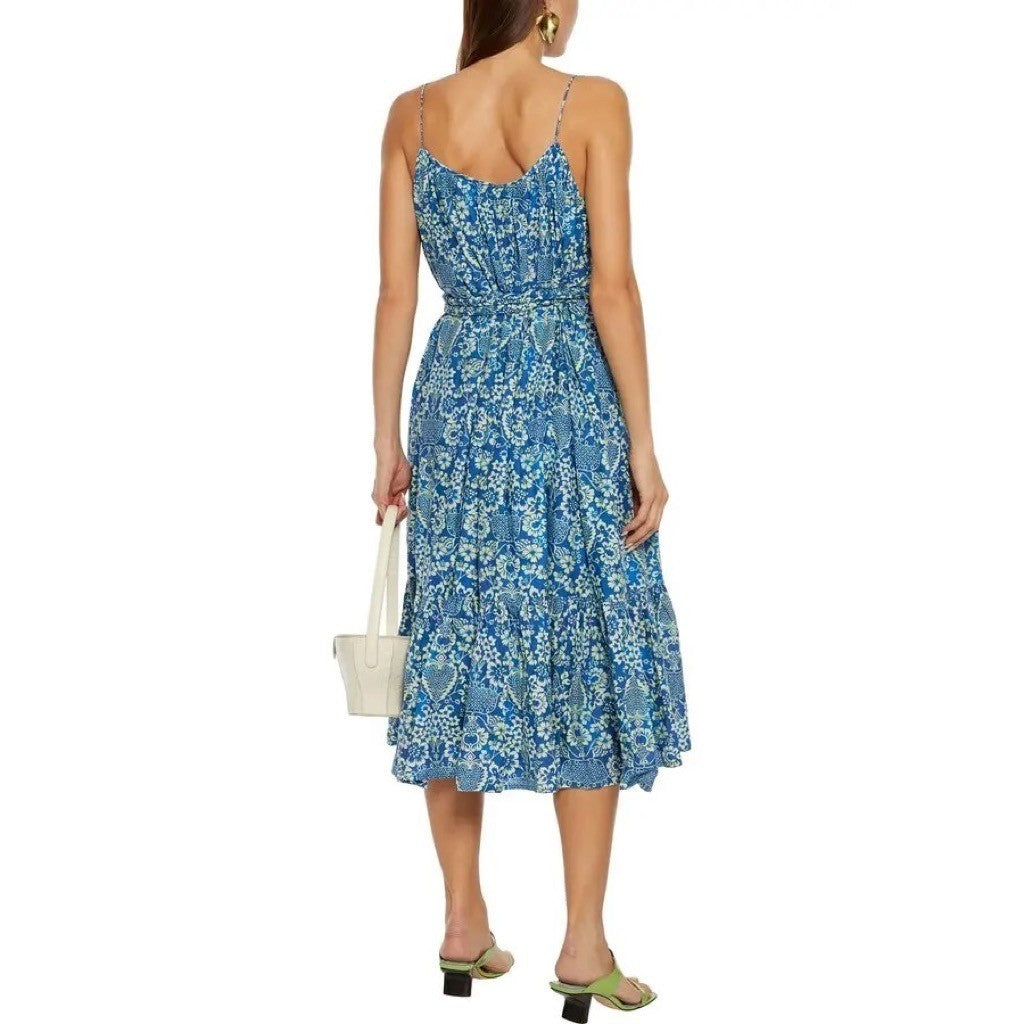 RHODE Lea Belted Floral Printed Cotton-Poplin Midi Dress Blue Vacation X-Small