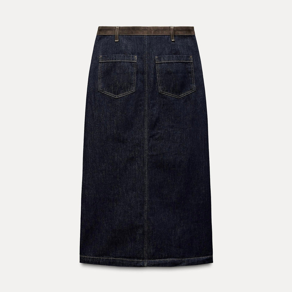 ZARA ZW Collection Denim Midi Skirt Contrast Suede Waistline Blue Pockets Small