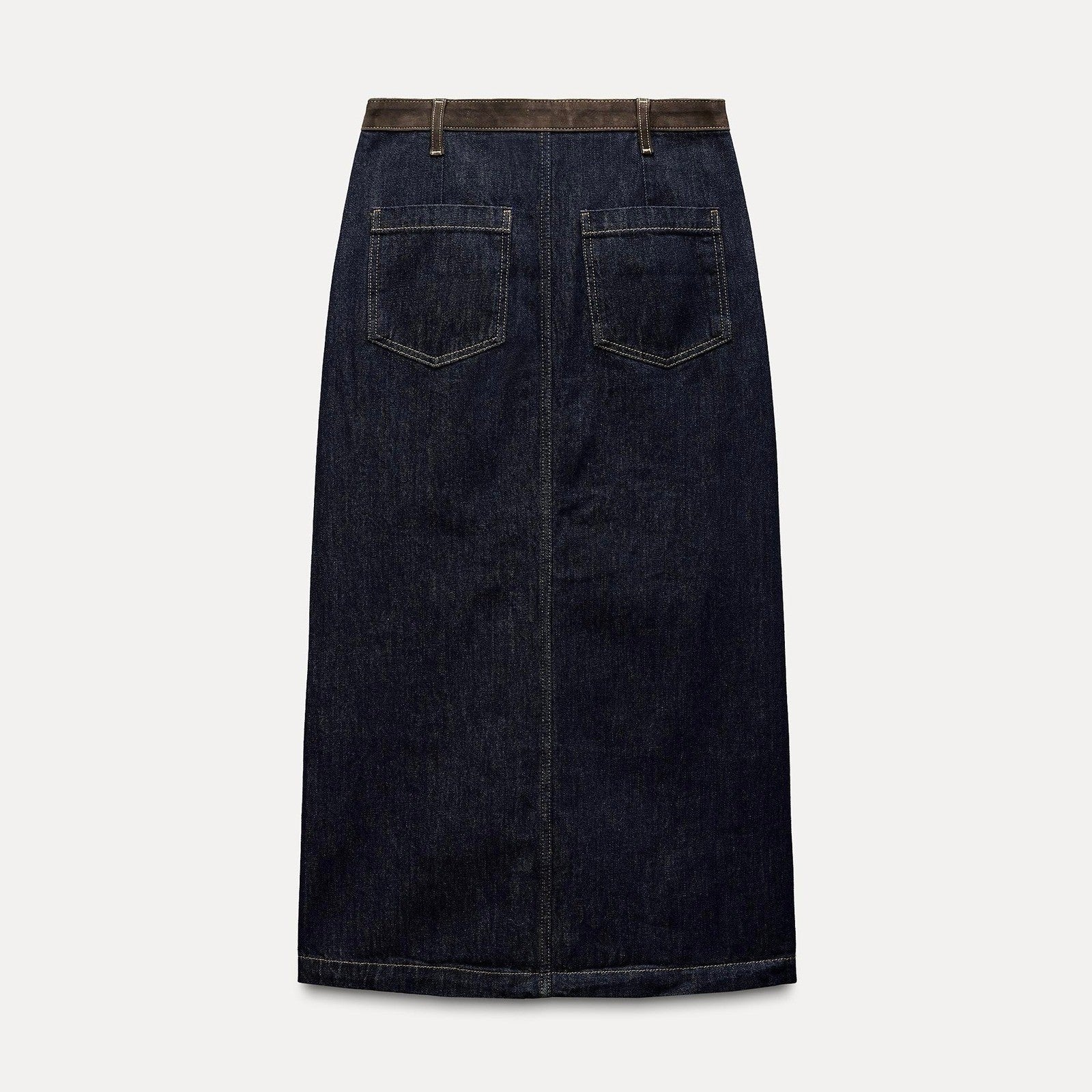 ZARA ZW Collection Denim Midi Skirt Contrast Suede Waistline Blue Pockets Small