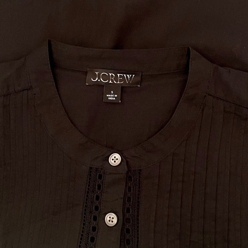 NEW!! J. CREW Pintuck Lace Trim Top Blouse Cotton Voile Solid Black Preppy Small