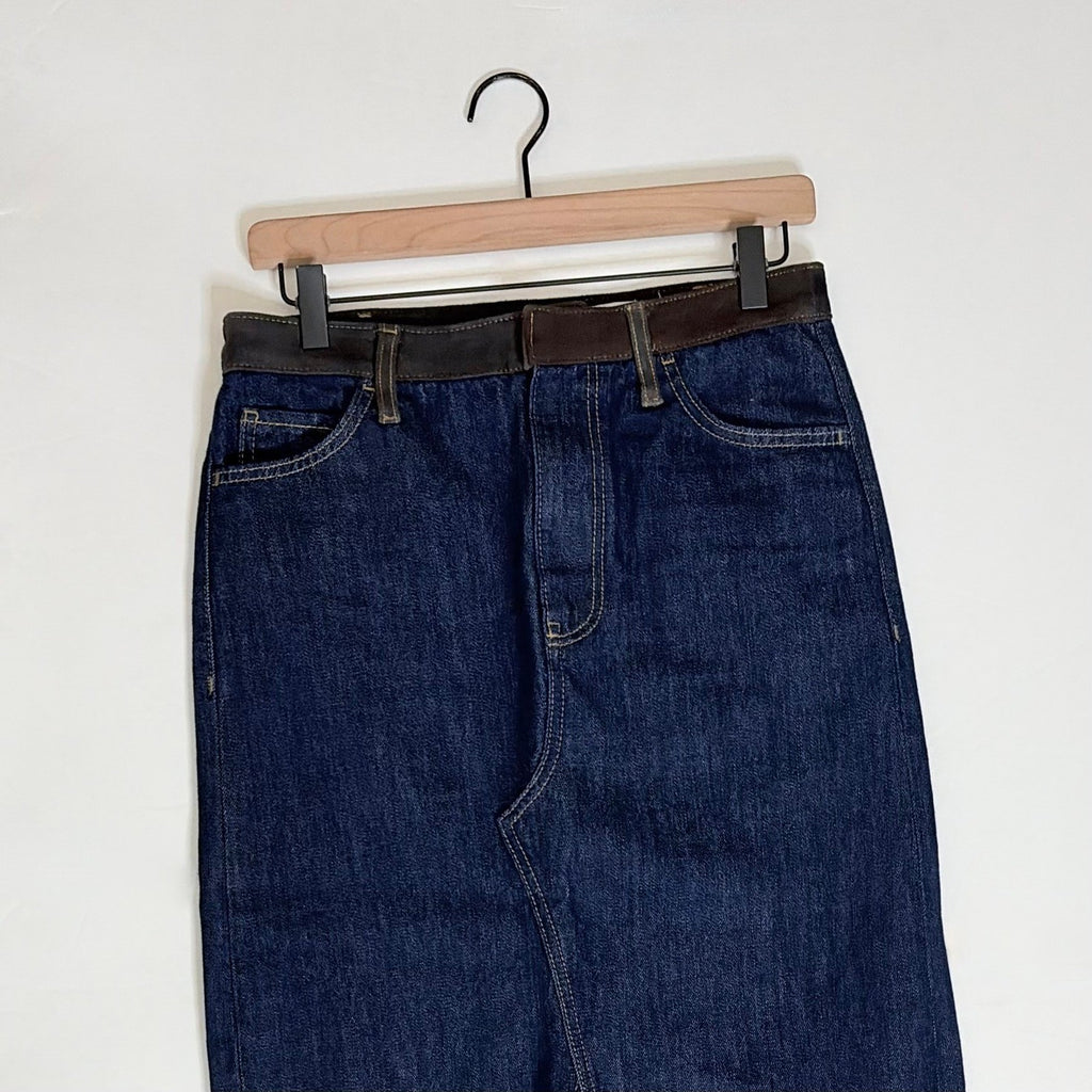 ZARA ZW Collection Denim Midi Skirt Contrast Suede Waistline Blue Pockets Small