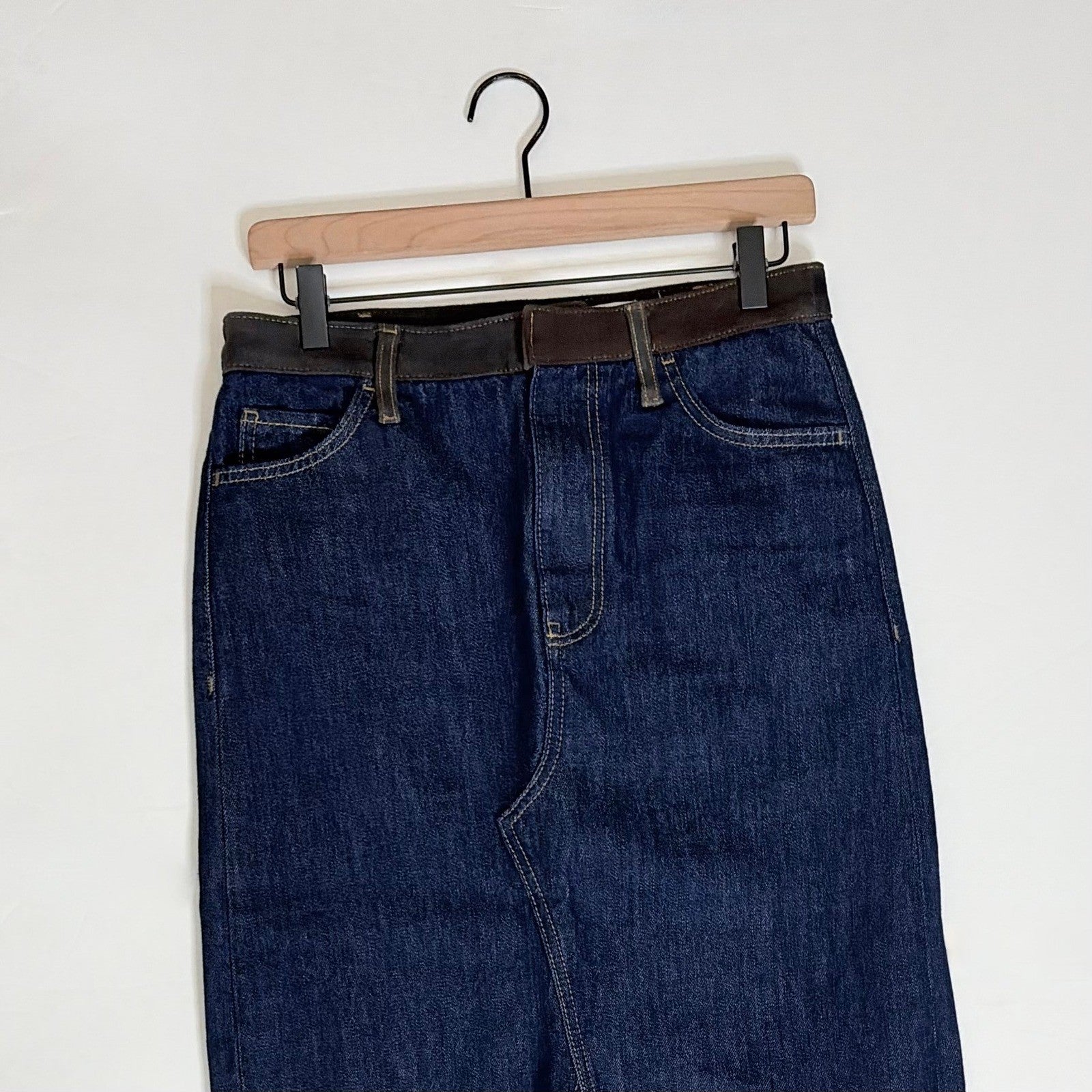 ZARA ZW Collection Denim Midi Skirt Contrast Suede Waistline Blue Pockets Small