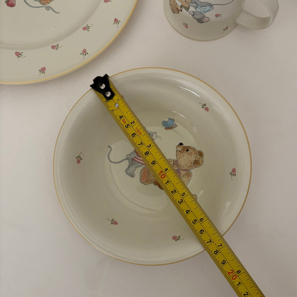 Vintage MIKASA Teddy Bear Plate Bowl Mug Set Strawberry Fruit Mouse Floral
