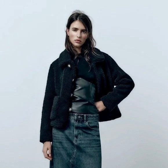 ZARA Black Sherpa Fuzzy Fleece Teddy Coat Faux Shearling Snaps Pockets Small