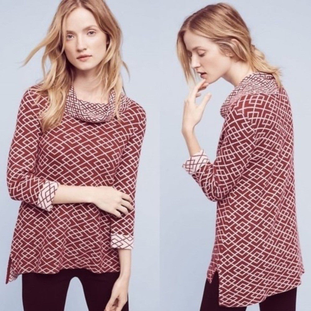 Anthropologie MOTH Galena Cowl Neck Sweater Maroon Pink Jacquard Geometric Small