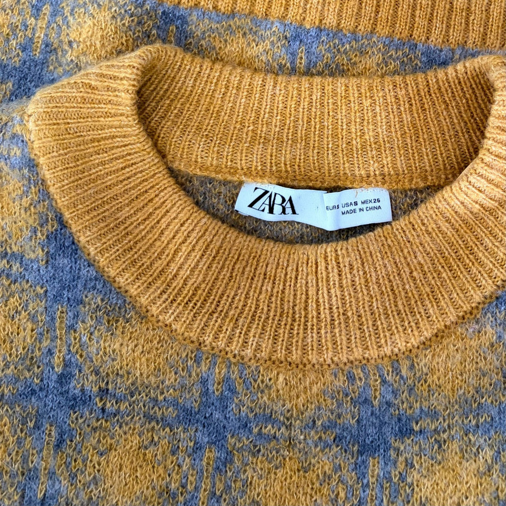 ZARA Chunky Wool Sweater Vest Plaid Star Pattern Yellow Gray Academia Small