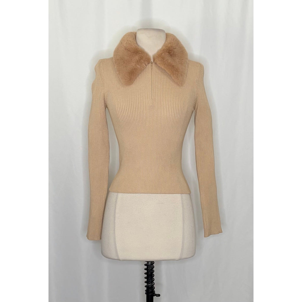 NWT!! ZARA Faux Fur Lapel Knit Sweater Tan Light Brown Zipper Pullover Small
