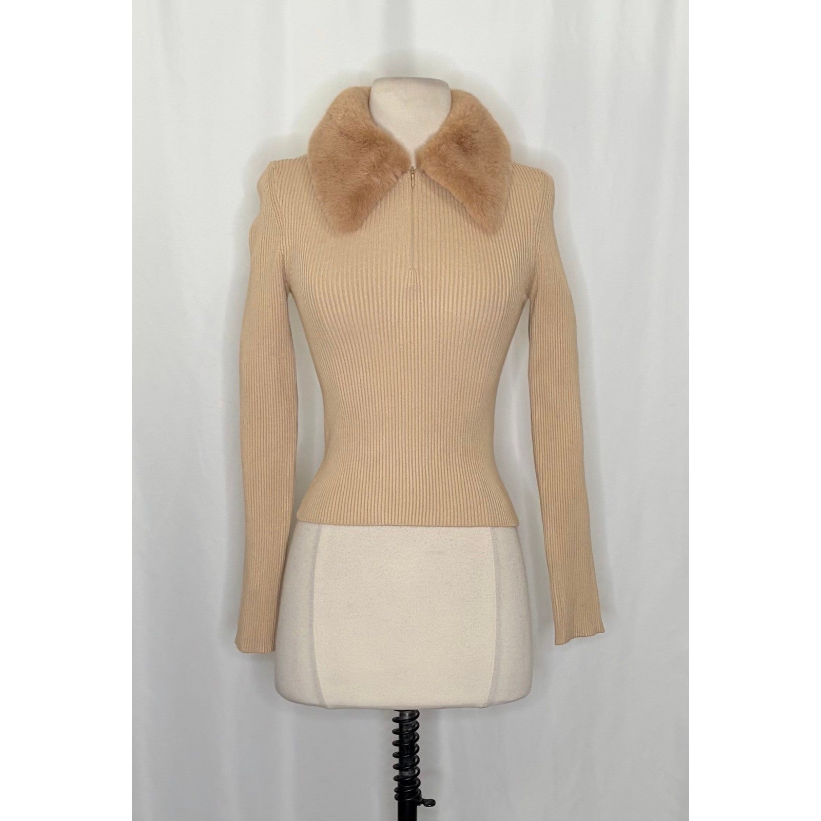 NWT!! ZARA Faux Fur Lapel Knit Sweater Tan Light Brown Zipper Pullover Small