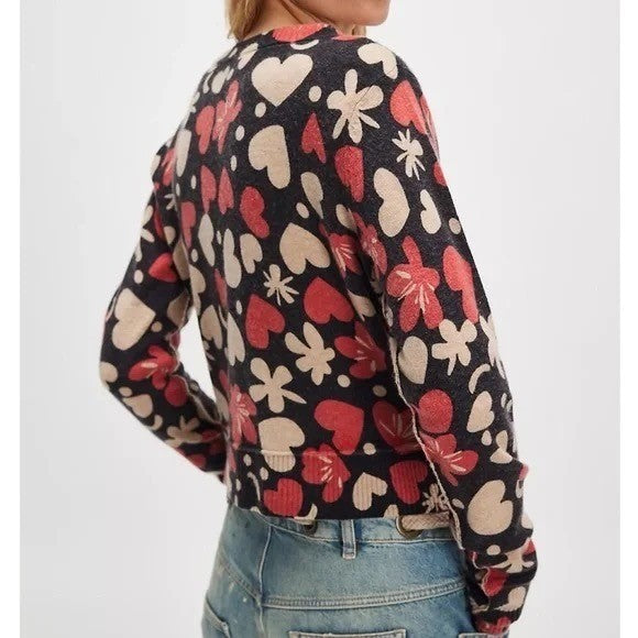 NWT!! FREE PEOPLE Nocturnal Patterned Cardi Black Retro Combo Hearts Floral XS