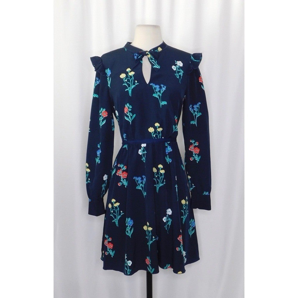 DRAPER JAMES Tisdale Navy Blue Floral Dress Tie Neck Ruffle Shoulders Size 8