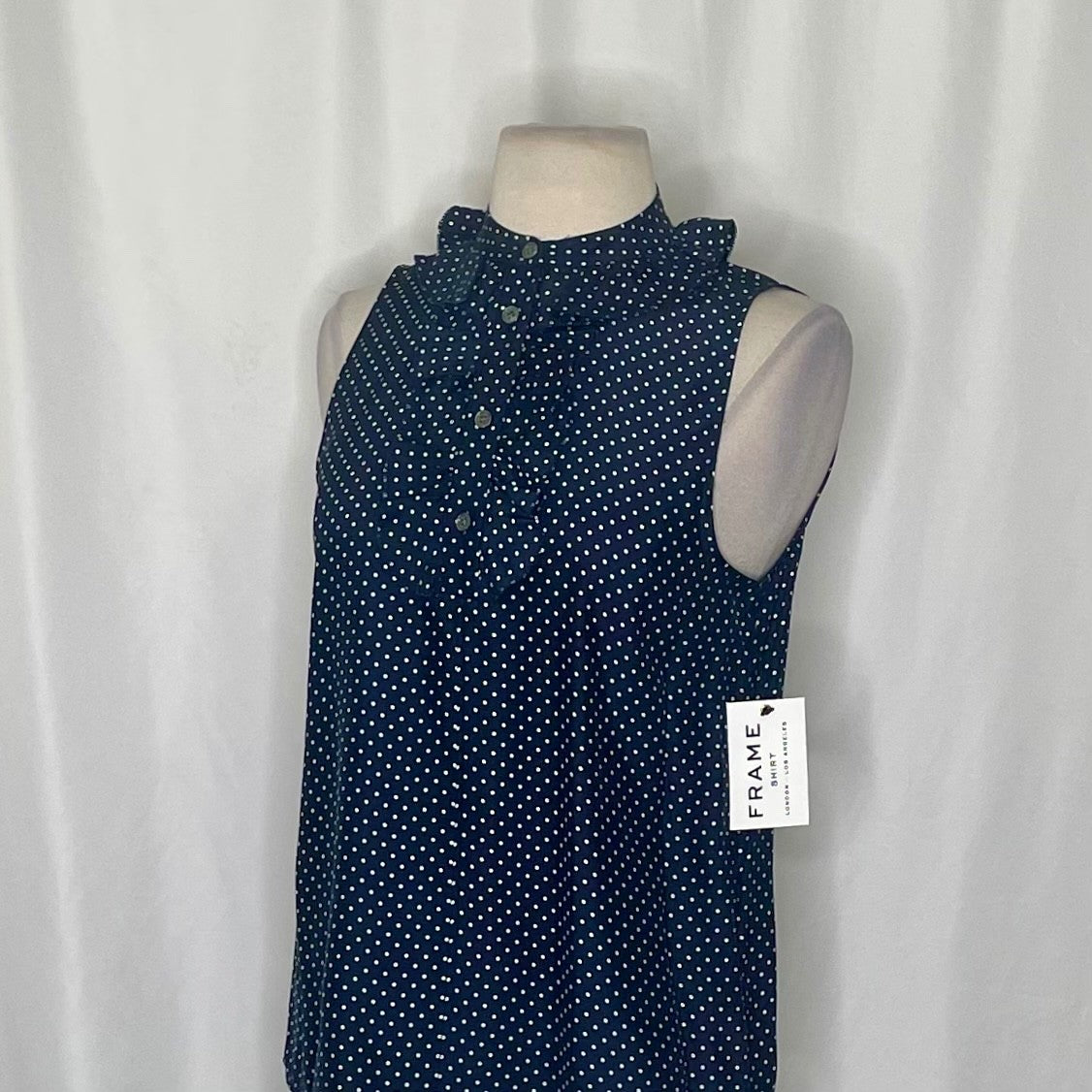 NWT!! FRAME Denim Silk Polka Dot Top Blouse Sleeveless Ruffled Coquette X-Small