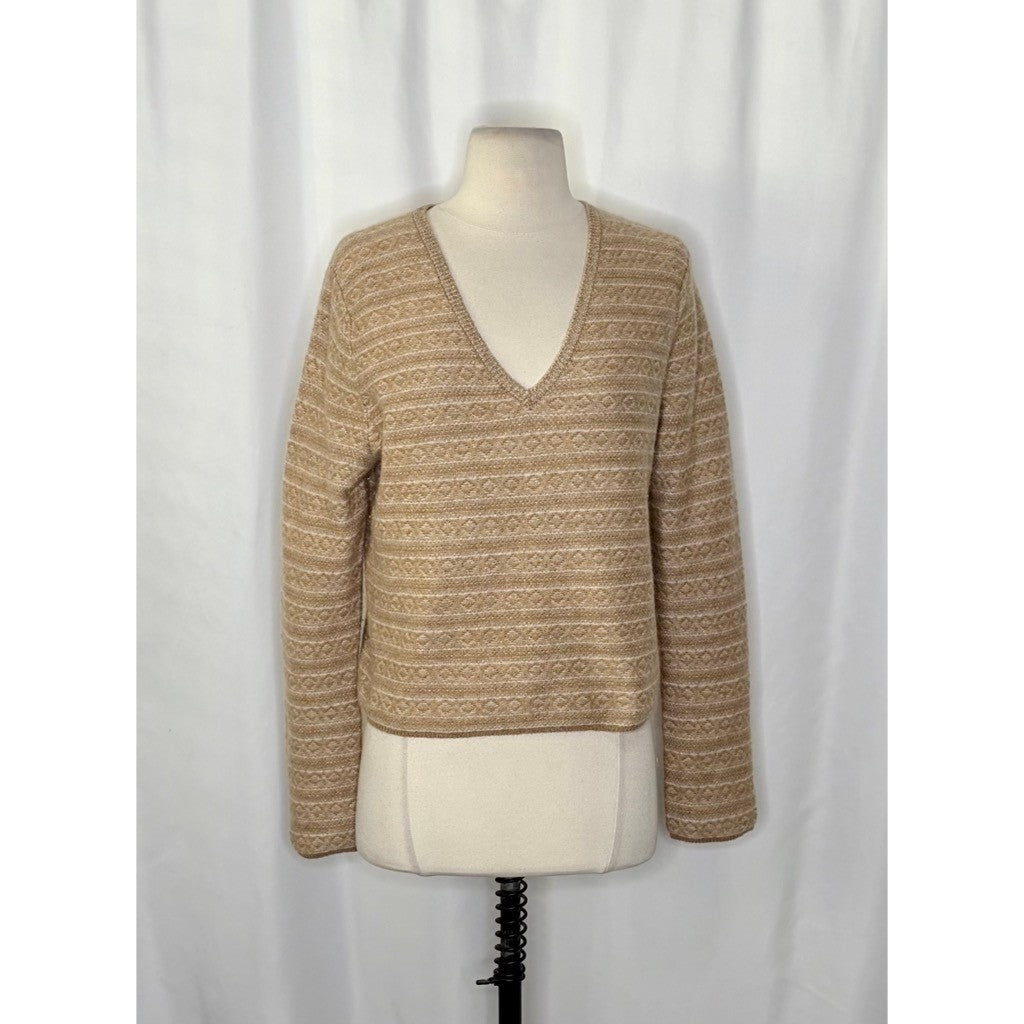VINCE Cashmere Fair Isle V Neck Sweater Sandshell Combo Preppy Pullover Medium
