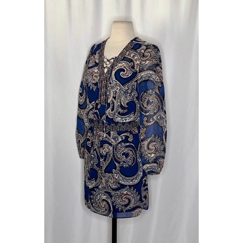 NEW!! WHBM Blue Paisley Smocked Waist Lace-Up Dress White House Black Market 0
