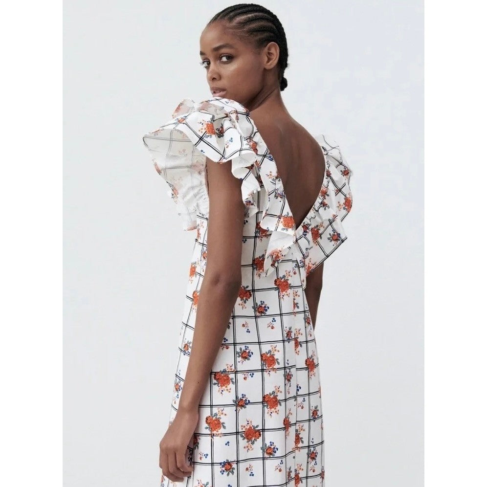 NWT!! ZARA Floral Plaid Lattice Ruffle Sleeve Dress Shift Blogger Favorite Large