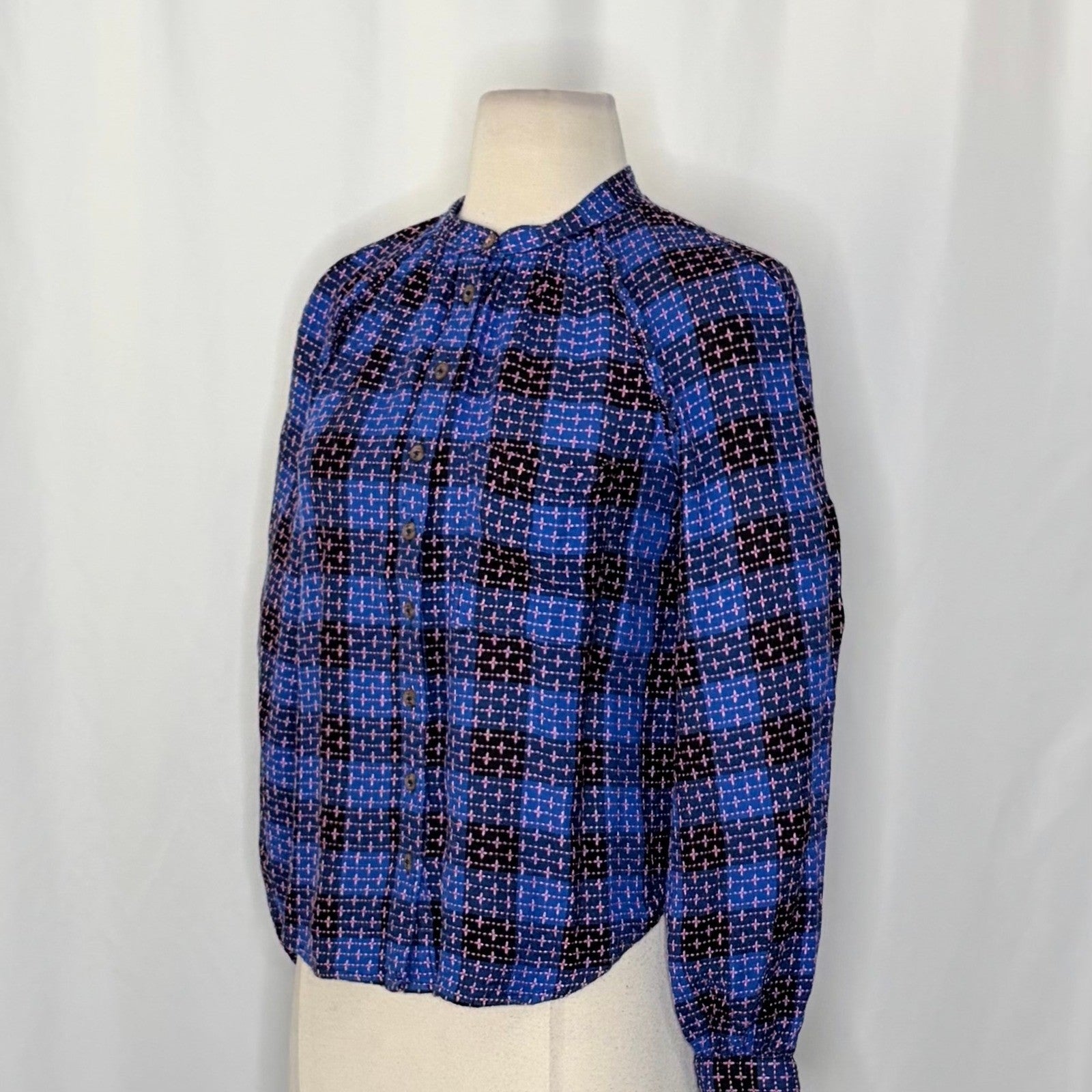 Anthropologie PILCRO Embroidered Plaid Buttondown Blue Pink Plaid Pocket X-Small