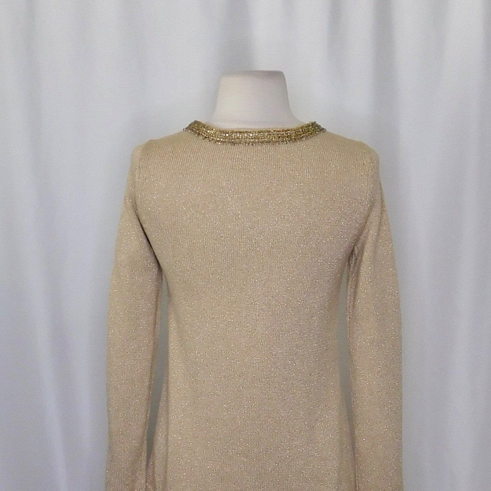 J. MCLAUGHLIN Metallic Gold Beaded Neckline Pullover Sweater Beading X-Small