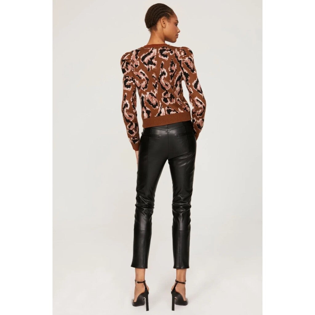 DEREK LAM Collective Brown Animal Print Sweater Leopard Puff Sleeves Large
