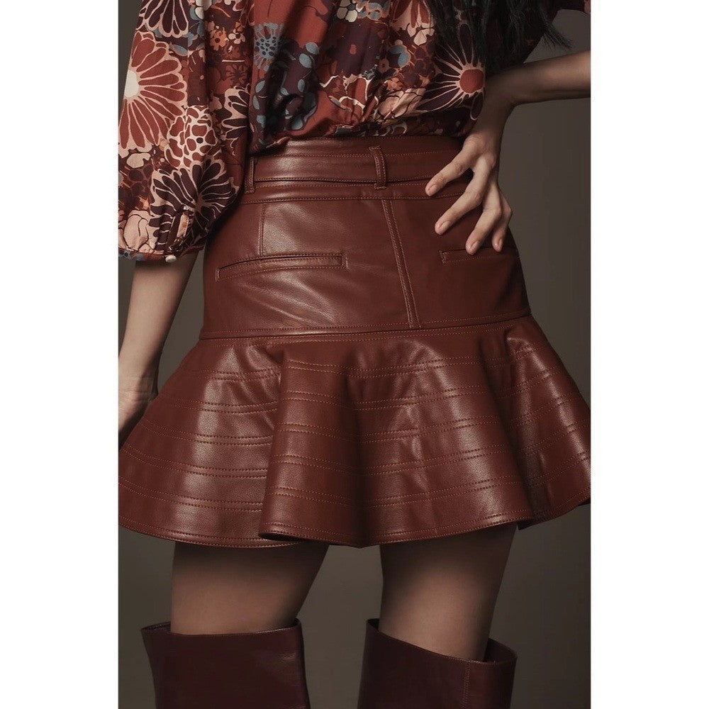 NWT!! Anthropologie PILCRO Fit-and-Flare Faux Leather Mini Skirt Wine Moto 12