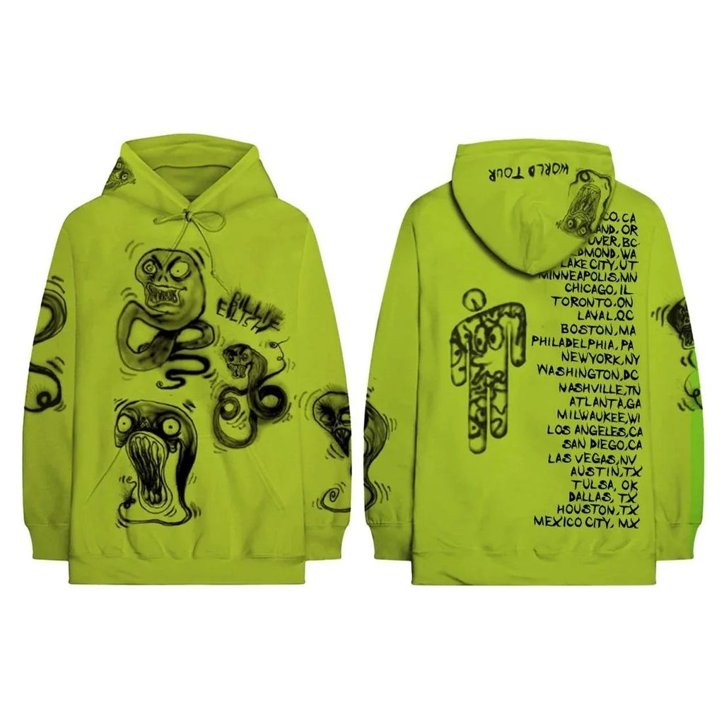 BILLIE EILISH Graffiti Ghouls 2019 World Tour Hoodie Monster Neon Yellow Small