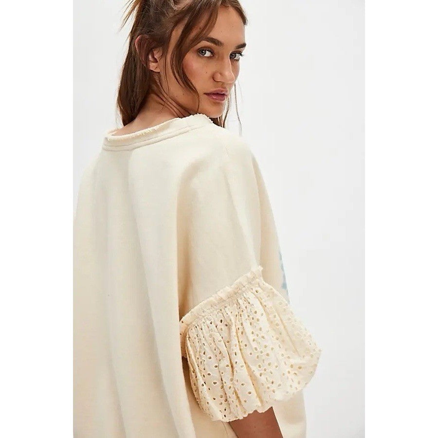 NWT!! FREE PEOPLE Doily Sweatshirt Heart Ivory Blue Eyelet Lace Bohemian Small