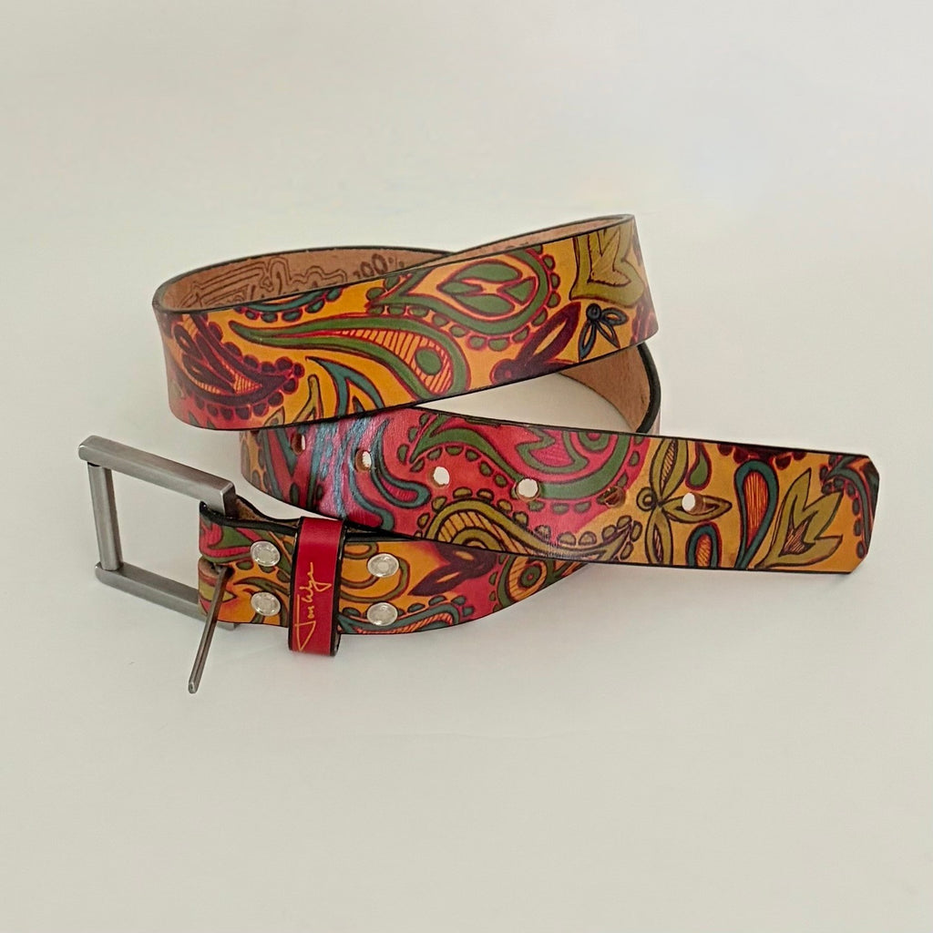Unisex JON WYE Leather Paisley Belt Western Retro Made in USA Men Women 46"