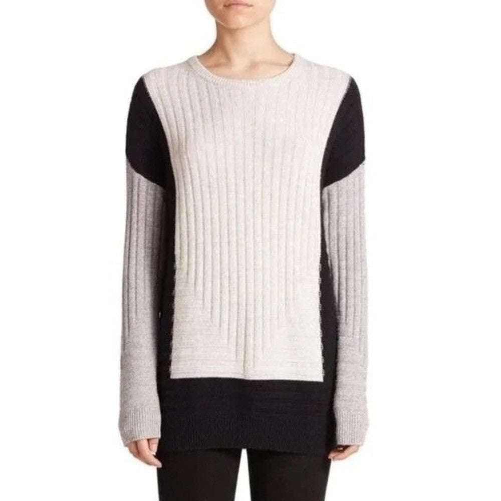 VINCE Cashmere Wool Colorblock Sweater Black Gray Ivory Intarsia Ribbed Small