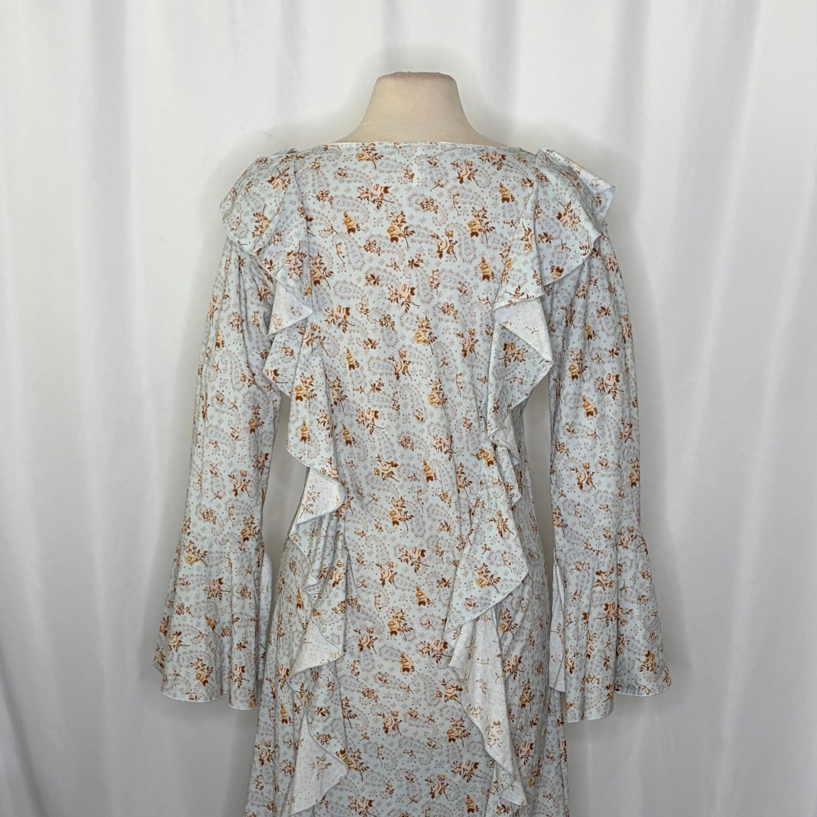 SPELL & THE GYPSY Fleur Frill Bias Maxi Dress Teapot Blue Floral Bohemian Large