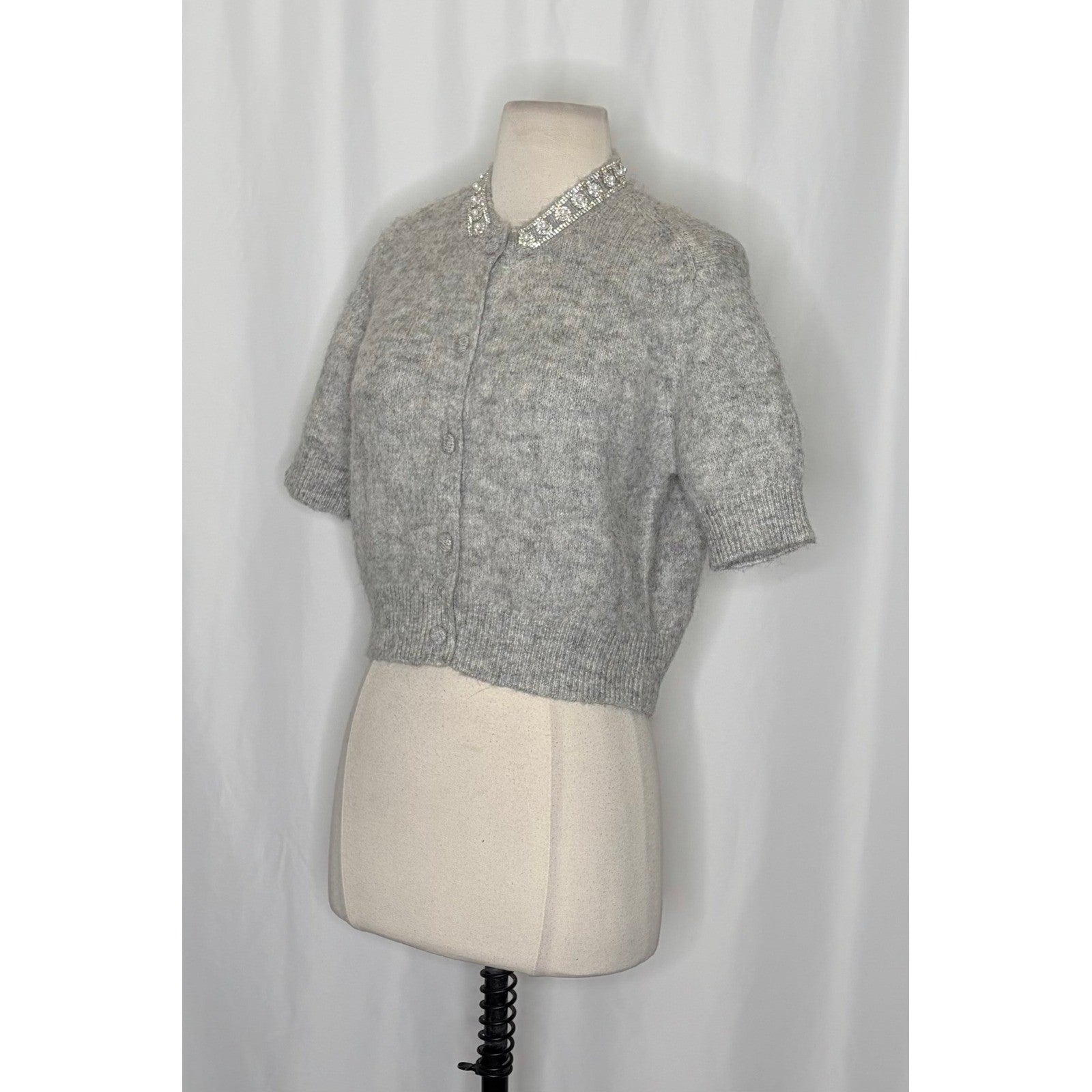 ZARA Jewel Embellished Gray Cropped Cardigan Sweater Knitwear Jewelled Large