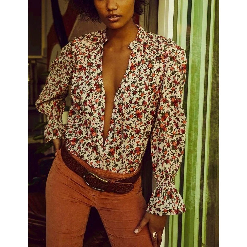 FREE PEOPLE Meant To Be Blouse Floral Vintage Combo Ruffled Smocked Small