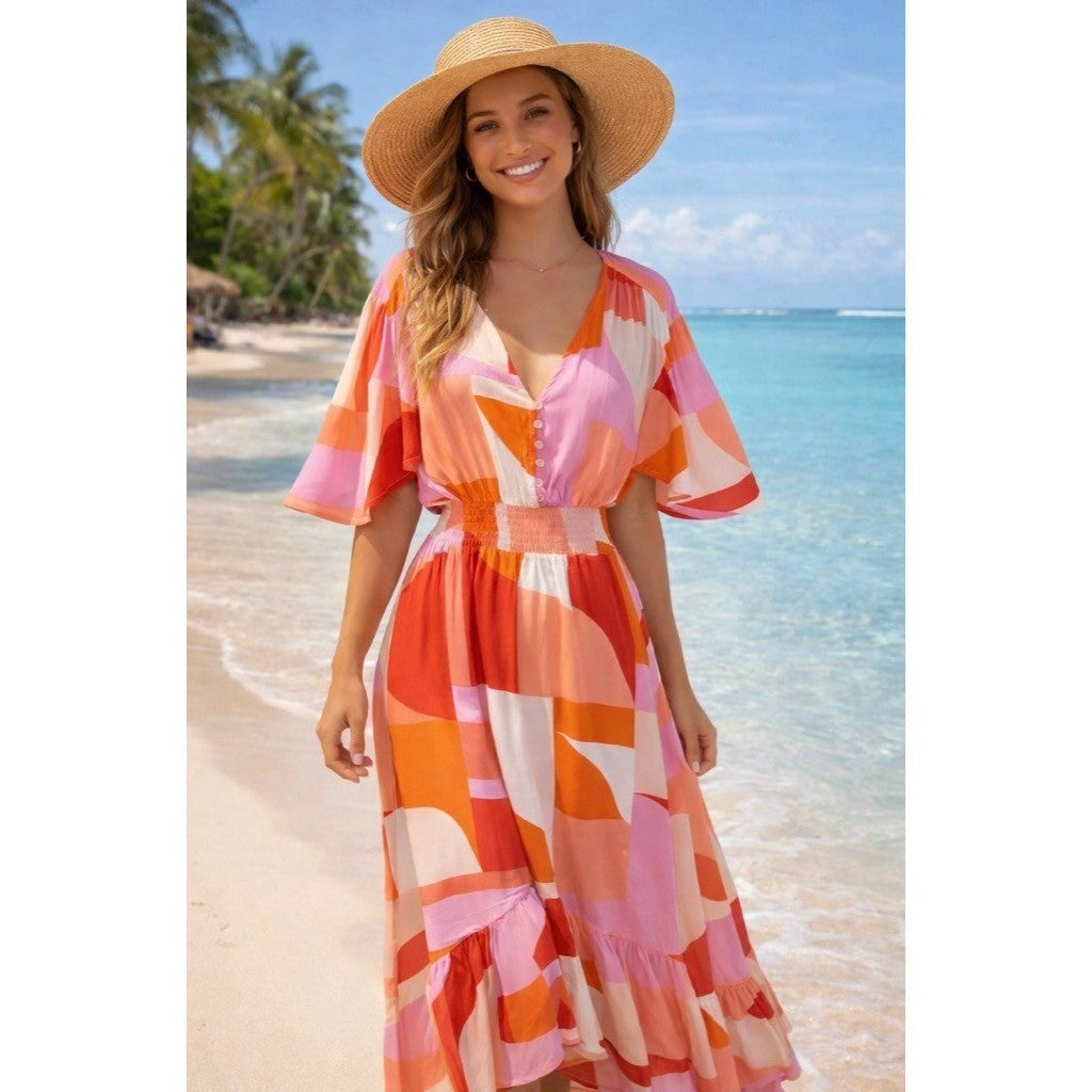 NWT! ATL ABEL THE LABEL Nova Maxi Dress High Low Pink Colorblock Abstract Medium