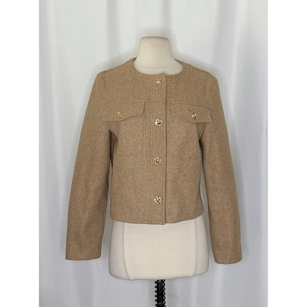 ZARA Cropped Jacket Light Brown Tan Gold Hammered Snaps Preppy Chic Small