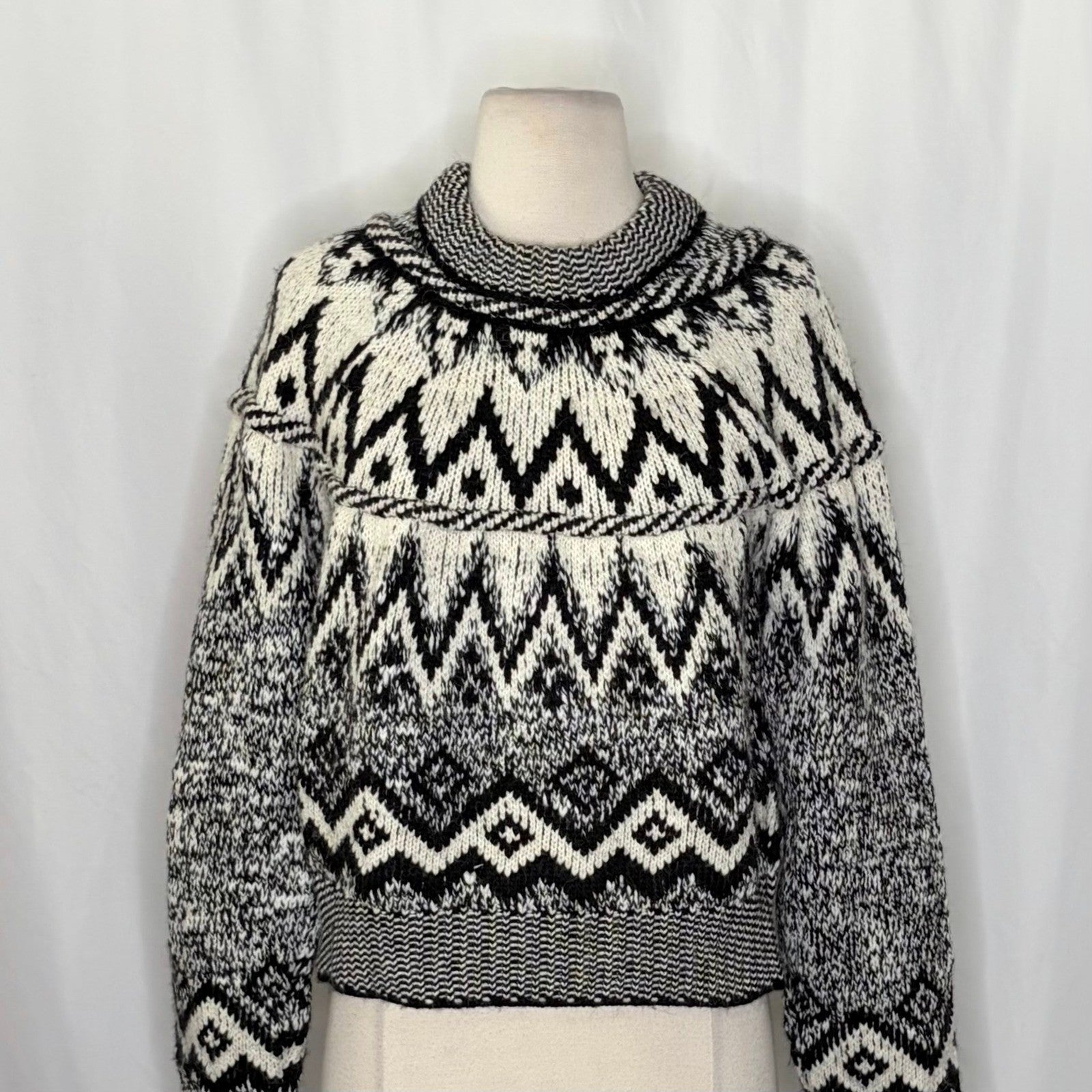 ZARA Nordic Fairisle Jacquard Sweater Black White Fair Isle Knit Pullover Medium